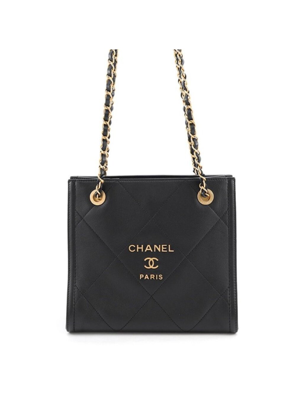 Chanel Chain Shoulder Bag Shopping Quilted CC Logo Lambskin Black